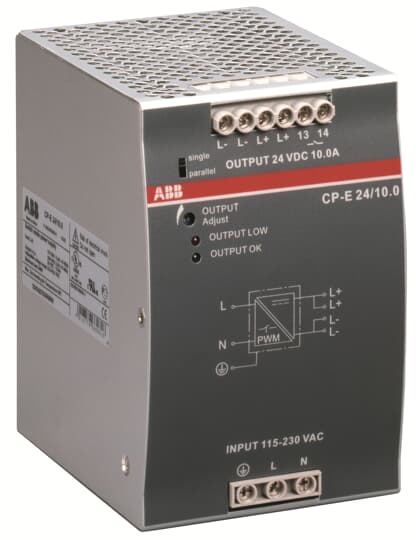ABB Electrification Switching Power Supply; CP-E 24/10.0; 24VDC OUT; 240W; 90-132VAC / 180-264VAC / 210-375VDC IN; Single-Phase; DIN Rail Mount